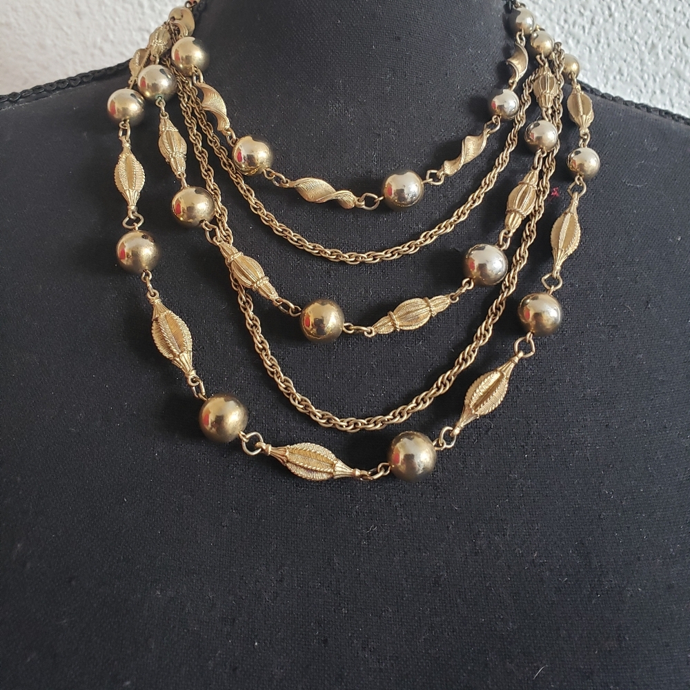 MC vintage 5 strings gold tone necklace balls-beads chaines 5 sides pent…
